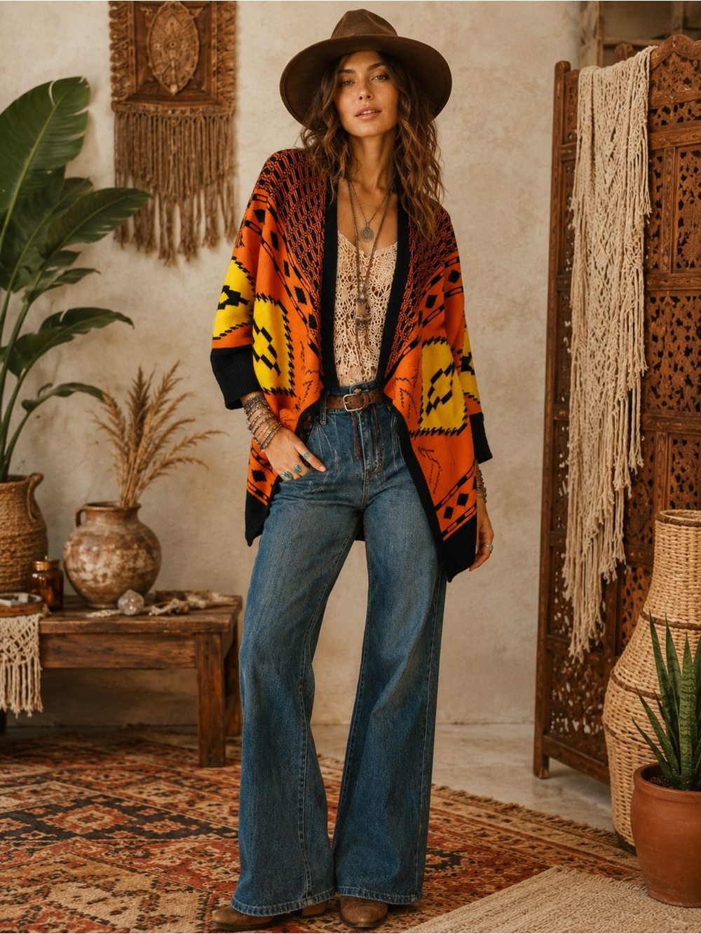 Orange Yellow & Black Tribal Knit Print Waterfall Cardigan Sweater Size M/L